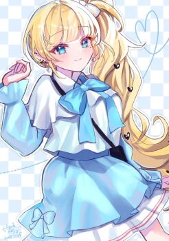 1girl bag blonde_hair blue_background blue_eyes blue_ribbon blue_skirt book_off checkered_background commentary_request cowboy_shot earrings hair_ornament hand_up heart heart_hair_ornament heart_of_string highres jewelry karingityou layered_skirt long_hair long_sleeves looking_at_viewer mahou_shoujo_no_majo_saiban neck_ribbon official_alternate_costume ribbon saeki_miria shirt shoulder_bag side_ponytail skirt smile solo standing white_shirt