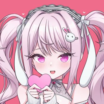 1girl :d alice_(nikke) animal_ears bare_shoulders blush chiji_komari commentary_request detached_sleeves dress goddess_of_victory:_nikke grey_ribbon hair_intakes hair_ornament hairband hairclip heart long_hair long_sleeves looking_at_viewer neck_ribbon open_mouth pink_hair puffy_long_sleeves puffy_sleeves purple_eyes rabbit_ears rabbit_hair_ornament red_background ribbon simple_background sleeves_past_wrists smile solo twintails upper_body white_dress white_hairband white_sleeves