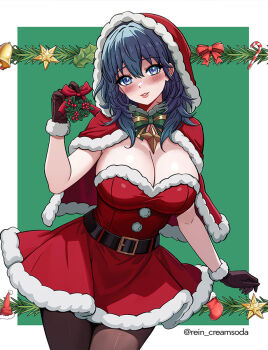 1girl bell belt blue_eyes blue_hair blush bow breasts brown_gloves candy candy_cane capelet christmas cleavage commentary dress english_commentary female_byleth_(fire_emblem) fire_emblem fire_emblem:_three_houses food fur-trimmed_capelet fur-trimmed_dress fur-trimmed_gloves fur_trim gloves holding holly hood hooded_capelet large_breasts long_hair medium_hair nintendo parted_lips red_bow red_capelet red_dress red_hood rein_creamsoda santa_costume santa_dress smile solo star_(symbol) strapless strapless_dress