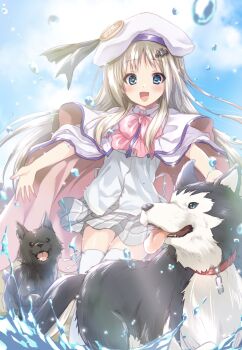 Rule 34 | + +, 1girl, :d, animal collar, bat hair ornament, belka (little busters!), beret, black dog, black ribbon, blue eyes, blush, bow, bowtie, cape, collar, commentary request, commission, day, dog, fang, fangs, feet out of frame, floating hair, grey hair, grey skirt, hair ornament, happy, hat, hat ribbon, highres, kuroi mimei, little busters!, little busters! school uniform, long hair, looking at animal, miniskirt, noumi kudryavka, open mouth, outdoors, outstretched arms, outstretched hand, pink bow, pink bowtie, plaid clothes, plaid skirt, ribbon, school uniform, shirt, sidelocks, skeb commission, skirt, smile, solo, splashing, standing, strelka (little busters!), thighhighs, tongue, tongue out, very long hair, water, water drop, white cape, white hat, white shirt, white thighhighs, zettai ryouiki