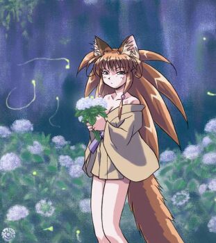 Rule 34 | 1990s (style), 1girl, animal ear fluff, animal ears, artist logo, bad link, breasts, brown kimono, cleavage, closed mouth, collarbone, faux retro artstyle, feet out of frame, fireflies, flower, fox ears, fox girl, fox tail, gift art, half-closed eyes, holding, holding flower, japanese clothes, kimono, logo, long hair, looking at viewer, medium breasts, nanigashi maken, night, off shoulder, original, outdoors, retro artstyle, second-party source, short kimono, solo, squinting, standing, tail, very long hair, white flower
