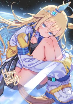 1girl ahoge animal_ears artist_name blonde_hair blue_eyes blue_hair blush breasts cleavage closed_mouth colored_inner_hair commentary_request earth_(planet) highres horse_ears horse_girl jacket long_hair long_sleeves looking_at_viewer medium_breasts multicolored_hair neo_universe_(umamusume) neo_universe_(universe-naut)_(umamusume) planet puddinghomhom shoes sleeves_past_fingers sleeves_past_wrists solo space thighs two-tone_hair umamusume white_jacket white_shoes