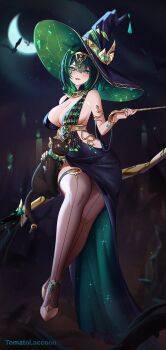 1girl alternate_costume bare_shoulders black_cat black_dress black_hat black_thighhighs breasts cat cleavage commentary crescent_moon dress english_commentary full_body genshin_impact green_eyes green_hair hair_between_eyes hand_up hat highres holding holding_wand large_breasts looking_at_viewer mole mole_under_eye moon nefer_(genshin_impact) night outdoors paid_reward_available parted_lips sideboob sitting sleeveless sleeveless_dress solo symbol-shaped_pupils teeth thighhighs tomatolaccoon triangle-shaped_pupils upper_teeth_only wand witch_hat