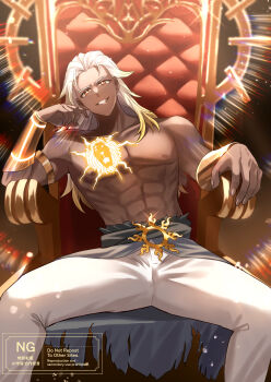 Rule 34 | 1boy, abs, absurdres, arm rest, armchair, bracer, chair, chest tattoo, commentary, commission, cowboy shot, dark-skinned male, dark skin, english commentary, highres, long hair, looking at viewer, male focus, muscular, muscular male, nano popo02, original, pants, pectorals, red eyes, sitting, smile, solo, spread legs, symbol-shaped pupils, tattoo, topless male, vgen commission, white hair, white pants
