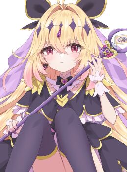 Rule 34 | 1girl, absurdres, antenna hair, black bow, black capelet, black dress, black thighhighs, blonde hair, blush, bow, brooch, capelet, closed mouth, commentary request, crossed bangs, cure arcana shadow, diamond hairband, dot nose, dress, earrings, expressionless, fingernails, gradient hair, hair between eyes, hair bow, hair intakes, heart, heart brooch, highres, holding, holding staff, implied pantyshot, jewelry, long hair, looking at viewer, magical girl, meitantei precure!, moria luluka, multicolored hair, pink hair, precure, purple eyes, purple nails, purple veil, shi3yin1, simple background, sitting, solo, staff, tear arcana rod, thighhighs, veil, white background, white wrist cuffs, wrist cuffs