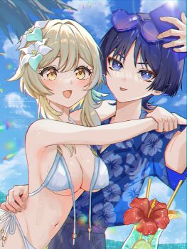 1boy 1girl alternate_costume aqua_feathers aqua_flower aqua_trim armpit_crease arms_around_neck bikini black_hair blonde_hair blue_shirt blue_sky blue_sleeves blunt_ends blush breasts bright_pupils cellphone cloud cloudy_sky collared_shirt contemporary couple diffraction_spikes drinking_straw eyelashes eyeliner eyeshadow eyewear_on_head feather_hair_ornament feathers floral_print flower food front-tie_bikini_top front-tie_top fruit genshin_impact glass grey_shorts groin hair_between_eyes hair_flower hair_ornament hand_on_another&#039;s_waist hand_up hawaiian_shirt heart heart-shaped_eyewear hetero hibiscus hibiscus_print highres hug_from_side juice large_breasts lemon lemon_slice lens_flare looking_at_phone looking_up lumine_(genshin_impact) makeup multicolored_flower navel open_mouth outdoors phone purple_eyes red_eyeliner red_eyeshadow scaramouche_(genshin_impact) shirt short_hair short_hair_with_long_locks short_sleeves shorts side-tie_bikini_bottom sideboob sidelocks sky snow20200 sweat swimsuit tareme tongue tongue_out untied_bikini untied_bikini_top white_bikini white_flower white_pupils yellow_eyes
