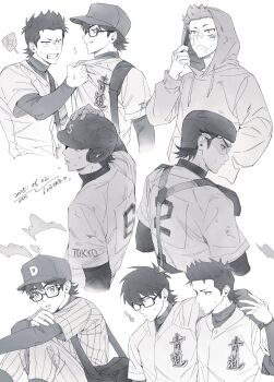 2boys ace_of_diamond anger_vein arm_around_shoulder bag bandaid bandaid_on_face baseball_cap baseball_helmet baseball_uniform chest_protector chinese_commentary clenched_hand clothes_grab commentary_request dated dirty dirty_face eye_contact glasses goggles grabbing_another's_shirt greyscale hand_in_pocket hand_on_own_head hat helmet highres hood hood_up hoodie kuramochi_youichi looking_at_another male_focus miyuki_kazuya monochrome multiple_boys multiple_views rectangular_eyewear short_hair shoulder_bag sideburns simple_background spoken_anger_vein sportswear striped_clothes translation_request vertical-striped_clothes white_background zechengm19