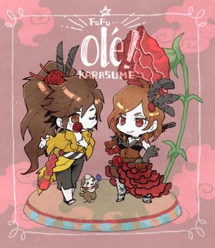 1boy 1girl alternate_costume blush brown_eyes brown_hair chibi chibi_only crtr_melco eye_contact feather_hair_ornament feathers fishnet_pantyhose fishnets flamenco_dress flower flower_in_mouth gun hair_flower hair_ornament holding holding_gun holding_weapon jewelry long_hair looking_at_another maeda_keiji_(sengoku_basara) medium_hair monkey mouth_hold necklace one_eye_closed over_shoulder pantyhose ponytail red_eyes red_flower red_rose rose saika_magoichi_(sengoku_basara) sengoku_basara shirt smirk weapon weapon_over_shoulder yellow_shirt yumekichi