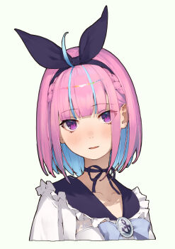 1girl absurdres ahoge anchor_symbol blue_hair braid collarbone colored_inner_hair frills hair_ornament hashtag-only_commentary highres hololive minato_aqua minato_aqua_(sailor) multicolored_hair official_alternate_costume open_mouth pink_hair portrait purple_eyes ribbon shiloroshi simple_background solo virtual_youtuber
