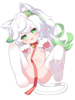 1girl absurdres anal_beads anal_tail animal_collar animal_ears animal_hands bdsm bell blush butt_plug cat_ears cat_tail collar commentary convenient_censoring fake_tail full_body genshin_impact gloves gradient_hair green_eyes green_hair highres jingle_bell leash loli looking_at_viewer multicolored_hair nahida_(genshin_impact) navel neck_bell open_mouth paw_gloves pet_play pointy_ears red_collar sex_toy shirousagi_(user_erwx7425) simple_background slave soles solo tail thighhighs white_background white_hair white_thighhighs