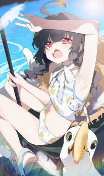 1girl absurdres ahoge armpit_focus armpits bikini bird black_hair blue_archive blush braid bright_pupils chair crocs grey_halo halo hat hat_on_back highres leaf leaf_on_head long_hair miyu_(blue_archive) miyu_(swimsuit)_(blue_archive) official_alternate_costume on_chair print_bikini rash_guard red_eyes seagull sitting solo straw_hat swimsuit tears twin_braids wako_(1194433260) white_bikini white_pupils
