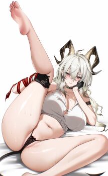 1girl absurdres arm_strap ateoyh bare_shoulders barefoot black_choker black_gloves black_horns black_panties black_tail blush breasts breath bright_pupils button_gap choker closed_mouth collarbone commentary curled_horns demon_tail earrings gloves hair_between_eyes highres holding_own_leg horns jewelry key_earrings large_breasts leg_up long_hair looking_at_viewer lying mole mole_on_breast navel necktie necktie_around_wrists no_pants on_back paid_reward_available panties pussy pussy_peek red_eyes red_necktie shirt simple_background solo spread_legs stomach sweat tail thighs torn_clothes torn_shirt underwear white_background white_pupils white_shirt wuthering_waves zani_(wuthering_waves)