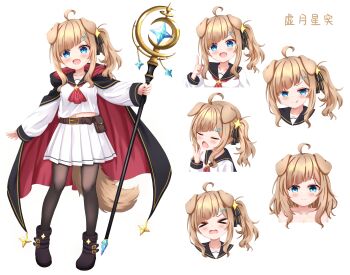 >:) >_< 1girl :d :q absurdres animal_ears belt black_boots black_cloak black_pantyhose black_sailor_collar blue_eyes blunt_bangs boots brown_hair cloak closed_eyes commentary_request diagonal_bangs dog_ears dog_girl dog_tail embarrassed extra_ears fang full_body hair_ribbon highres holding holding_staff hood hood_down hooded_cloak long_sleeves looking_at_viewer mage_staff medium_hair navel navel_peek open_cloak open_clothes open_mouth original pantyhose pleated_skirt pouch red_cloak ribbon sailor_collar sailor_shirt school_uniform serafuku shirt side_ponytail skin_fang skirt smile staff tail tongue tongue_out two-sided_cloak two-sided_fabric urotsuki_(uro30) v-shaped_eyebrows white_shirt white_skirt yawning