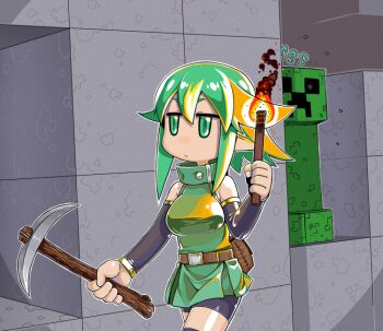 1girl asakawa_remon blouse creeper female_focus fire green_eyes green_hair hair_between_eyes hair_flaps half-closed_eyes holding holding_pickaxe minecraft original pickaxe pointy_ears remona-san shirt short_hair sleeveless sleeveless_shirt solo taut_clothes taut_shirt thighhighs torch