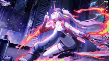 1girl aoiro_xiaolan artist_name baseball_cap building character_name copyright_logo dated from_side glasses hand_up hat highres holding holding_shuriken holding_weapon honkai:_star_rail honkai_(series) jacket logo long_hair multicolored_hair on_one_knee outdoors pink_hair ponytail rappa_(honkai:_star_rail) red_jacket shorts shuriken solo streaked_hair thigh_strap weapon