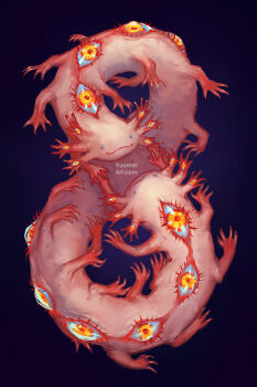 animal animal_focus axolotl commentary conjoined extra_eyes extra_legs gills highres infinity_symbol original salamander yuumei
