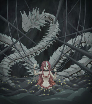 1girl absurdres bags_under_eyes belafu breasts closed_mouth commentary_request convenient_censoring expressionless grey_background hair_between_eyes hair_over_breasts highres long_bangs long_hair looking_afar made_in_abyss medium_breasts monster multicolored_hair navel nude red_eyes red_hair slime_(creature) solo streaked_hair very_long_hair vueko white_hair yuinbu