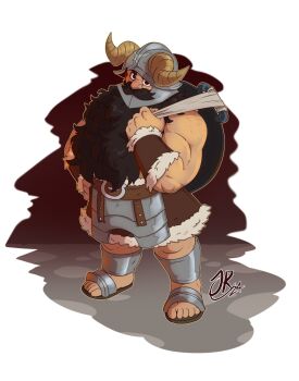 1boy absurdres bara beard biceps dungeon_meshi dwarf facial_hair fake_horns full_body helmet highres horned_helmet horns long_beard looking_at_viewer male_focus muscular muscular_male mustache revenantlink senshi_(dungeon_meshi) solo sparse_arm_hair standing thick_eyebrows thick_mustache very_long_beard wok