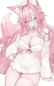 Rule 34 | 1girl, absurdres, animal ear fluff, animal ears, armpit crease, blue eyes, blush, breasts, choker, cleavage, collarbone, commentary, cowboy shot, crossed bangs, detached sleeves, dress, english commentary, food, fox girl, fox tail, fruit, hair between eyes, hair intakes, highres, indie virtual youtuber, large breasts, leg ribbon, long hair, looking at viewer, mochi, mochiimochii (vtuber), origonz, pink hair, pink nails, pink ribbon, pink tail, ribbon, ribbon-trimmed dress, ribbon trim, second-party source, simple background, skindentation, solo, strawberry, strawberry ornament, tail, thigh ribbon, thighs, very long hair, virtual youtuber, white background, white choker, white dress