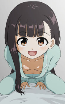 1girl black_hair breasts brown_eyes downblouse extended_downblouse eyebrows_hidden_by_hair fortefalse full_body good_morning_my_brother_(meme) highres leaning_forward loli long_hair make_heroine_ga_oo_sugiru! meme navel no_bra nukumizu_kaju on_bed open_mouth pajamas scene_reference simple_background small_breasts smile solo tokidoki_bosotto_roshia-go_de_dereru_tonari_no_alya-san very_long_hair