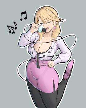 1girl ai_the_somnium_files black_pantyhose blonde_hair breasts cleavage earrings enshu_ritsuko fiiib high-waist_skirt high_heels highres holding holding_microphone jewelry leg_up microphone music musical_note one_eye_closed pantyhose pink_skirt side_slit singing skirt solo