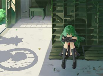 3girls alternate_costume arms_on_knees black_serafuku black_shirt black_shoes black_skirt black_socks collared_shirt commentary dot_nose drawer green_eyes green_hair hair_intakes hair_ornament highres kneehighs kochiya_sanae leaf locker long_sleeves moriya_suwako multiple_girls neckerchief otomeza_ryuseigun plant pleated_skirt red_neckerchief school school_uniform serafuku shadow shelf shirt shoes silhouette single_sidelock sitting skirt snake_hair_ornament socks touhou twitter_username vines yasaka_kanako