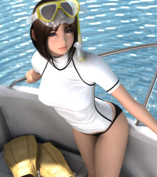 1girl 3d bikini bikini_bottom_only black_eyes boat breasts brown_hair diving_mask diving_suit female_focus flippers goggles goggles_on_head highres hinemaru looking_at_viewer medium_breasts on_boat original shirt short_hair short_sleeves snorkel solo standing swimsuit t-shirt water watercraft white_shirt