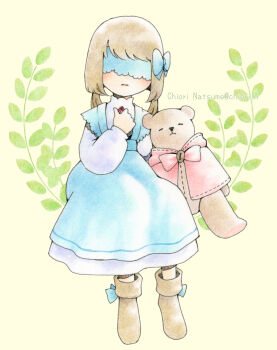 1girl blindfold boots brown_hair chiori_n colored_pencil_(medium) commentary_request doll dress expressionless facing_viewer full_body highres long_hair low_twintails original stuffed_animal stuffed_toy teddy_bear traditional_media twintails