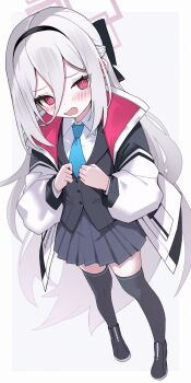 1girl absurdres black_thighhighs blue_archive blush breasts commentary_request full_body hair_between_eyes hairband halo highres izuoku jacket kei_(blue_archive) kei_(new_body)_(blue_archive) long_hair long_sleeves looking_at_viewer necktie open_mouth pink_eyes shirt skirt small_breasts solo thighhighs white_hair white_jacket