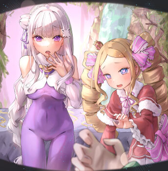 2girls absurdres bare_shoulders beatrice_(re:zero) blonde_hair blue_eyes blunt_bangs blush bodysuit bow braid breasts butterfly-shaped_pupils capelet clothing_cutout commentary crown dress drill_hair emilia_(re:zero) english_commentary flower frilled_bow frills fur-trimmed_capelet fur_trim grey_hair hair_bow hair_flower hair_ornament highres justjast long_hair medium_breasts mini_crown multiple_girls natsuki_subaru official_alternate_costume open_mouth pink_bow pov purple_bodysuit purple_eyes re:zero_kara_hajimeru_isekai_seikatsu red_capelet red_dress shoulder_cutout single_braid symbol-shaped_pupils twin_drills worried