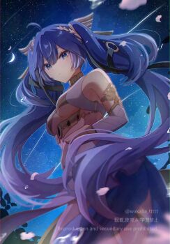 Rule 34 | 0roshioji3ran, 1girl, ahoge, ancient greek clothes, bare shoulders, blue eyes, blue hair, breasts, closed mouth, commentary request, cowboy shot, gold bra, greco-roman clothes, head wreath, highres, iuno (wuthering waves), long hair, looking at viewer, night, outdoors, sky, solo, twintails, underboob, very long hair, wuthering waves