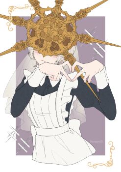 1boy alternate_costume apron blush breasts closed_mouth collared_dress covered_eyes cropped_torso crossdressing crossdressing_(ftm) dark_souls_(series) dark_souls_i dark_sun_gwyndolin dress enmaided facing_viewer gold_headwear grey_hair heart heart_hands highres juliet_sleeves long_sleeves maid medium_breasts puffy_sleeves short_hair spiked_helmet susukeya trap white_apron white_background