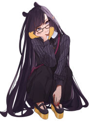 Rule 34 | 1girl, animal ears, bag, black bow, black dress, black footwear, bow, can, dress, drink can, glasses, hand on own cheek, hand on own face, holding, holding can, hololive, hololive english, long hair, looking at viewer, malvar, ninomae ina&#039;nis, platform footwear, pointy ears, purple eyes, purple hair, purple shirt, shirt, shoulder bag, sidelocks, simple background, soda can, solo, squatting, very long hair, virtual youtuber, white background