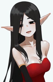 Rule 34 | 1girl, :d, anemoneeanemone, bare shoulders, black eyes, black hair, borrowed character, breasts, cleavage, collarbone, detached sleeves, dress, highres, large breasts, licorice (justadrian), long hair, long pointy ears, looking at viewer, open mouth, original, pale skin, parted bangs, pointy ears, red dress, sidelocks, simple background, smile, solo, strapless, strapless dress, upper body, white background