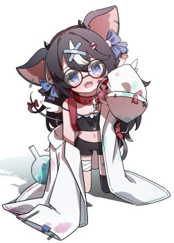 1girl absurdres animal_collar animal_ears bandaged_leg bandages bandaid bandaid_on_cheek bandaid_on_face bandaid_on_head black_bra black_hair black_horns black_shorts blue_bow blue_eyes bow bra coat collar commentary commission crossed_bandaids fang flat_chest full_body hair_between_eyes hair_bow hashtag-only_commentary head_tilt highres holding_potion horns lab_coat long_hair long_sleeves looking_at_viewer moepu. mouse_ears mouse_girl mouse_tail multicolored_hair navel open_clothes open_coat open_mouth original pill_hair_ornament red_bow red_collar shorts skeb_commission sleeves_past_fingers sleeves_past_wrists smile solo stomach strap_slip streaked_hair tail tail_bow tail_ornament two-tone_hair underwear very_long_hair white_background white_coat white_hair white_wings wings