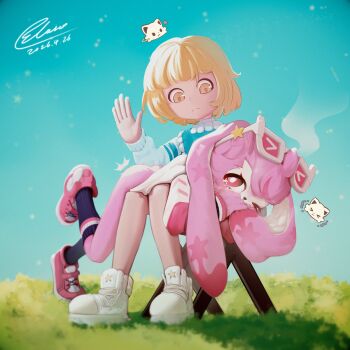 2girls absurdres animal_ears ass ass_smack black_socks blasco_(xxxr3554) blonde_hair bottomless character_request covering_own_mouth esassani_(petit_planet) eyewear_on_head furry furry_female green_sweater highres leg_up loli lying lying_on_lap missing_tail multiple_girls on_lap one_eye_closed outdoors over_the_knee petit_planet pink_fur rabbit_ears rabbit_girl red_shoes shirt shoes short_hair sitting socks spanking stool sunglasses sweater tears white_shirt white_shoes wince yellow_eyes