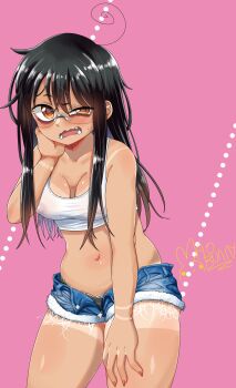 1girl absurdres alternate_universe artist_name black_hair breasts brown_eyes comic_cover_redraw commentary_request covered_erect_nipples cowboy_shot cutoffs denim denim_shorts derivative_work glasses hand_on_own_cheek hand_on_own_face highres ijiranaide_nagatoro-san long_hair looking_at_viewer mao_bunny medium_breasts midriff nagatoro_hayase navel open_fly open_mouth pink_background role_reversal shorts solo spanish_commentary sports_bra standing tan tanline teeth textless_version white_sports_bra