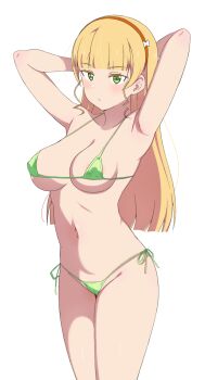 1girl armpits arms_behind_head bikini blonde_hair blunt_bangs breasts cameltoe covered_erect_nipples goa1126 green_bikini green_eyes hairband heanna_sumire highres large_breasts legs_together long_hair looking_at_viewer love_live! love_live!_superstar!! micro_bikini navel orange_hairband side-tie_bikini_bottom simple_background solo standing straight_hair swimsuit white_background