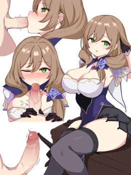 1boy 1girl black_gloves black_skirt black_thighhighs blush breasts brown_hair capelet censored cleavage dress erection fellatio from_side genshin_impact gloves green_eyes hetero highres kissing_penis kumasteam large_breasts lisa_(genshin_impact) long_hair looking_at_viewer mature_female miniskirt multicolored_dress multiple_views one_eye_closed oral penis poking precum purple_capelet purple_dress skirt teasing thighhighs thighs trembling