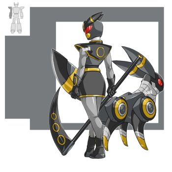 Rule 34 | 1girl, black dress, black footwear, black gloves, bodysuit, colored sclera, dress, gen 2 pokemon, gloves, grey background, grey bodysuit, highres, looking away, mecha, nintendo, pokemon, pokemon (creature), power rangers, red eyes, red sclera, red visor, robot, scythe, super sentai, tail, to ze, twitter username, umbreon