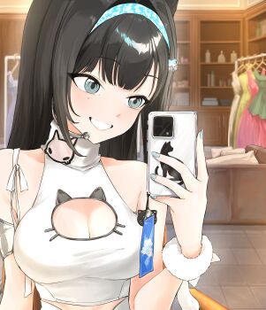 1girl absurdres bare_shoulders black_hair blue_hairband blue_nails blush breasts cellphone cleavage_cutout closet clothes_hanger clothing_cutout commentary_request double-parted_bangs goddess_of_victory:_nikke grey_eyes grin hairband highres holding holding_phone indoors large_breasts long_hair looking_at_phone mint_(nikke) mirror mirror_selfie mole mole_under_eye nagi412 partial_commentary phone reflection reflection_focus selfie single_sidelock sleeveless sleeveless_turtleneck smartphone smile solo turtleneck upper_body