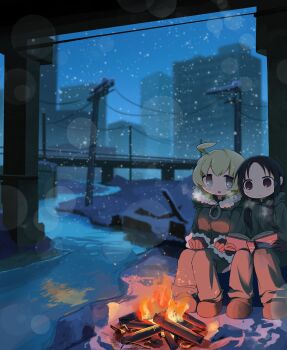 absurdres ahoge black_eyes black_hair blonde_hair blue_eyes campfire chito_(shoujo_shuumatsu_ryokou) coat fur_trim green_coat green_pants hashtag-only_commentary highres karmanimaxwx low_twintails military_uniform pants reading river shoujo_shuumatsu_ryokou snow snowing twintails yuuri_(shoujo_shuumatsu_ryokou)