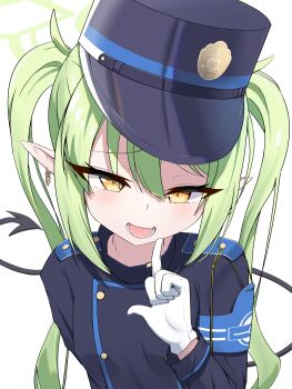 1girl absurdres armband blue_archive blue_armband blue_hat blue_jacket commentary_request demon_tail earrings fang finger_to_mouth furrowed_brow gloves halo hat highres jacket jewelry long_hair long_sleeves looking_at_viewer mesugaki nozomi_(blue_archive) old_cat_(utsn8488) open_mouth peaked_cap pointy_ears sidelocks skin_fang solo tail twintails very_long_hair white_gloves yellow_eyes