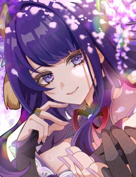 1boy 1girl aether_(genshin_impact) armor blue_pupils blunt_bangs blurry branch breasts bridal_gauntlets brown_gloves cleavage close-up clothing_cutout dappled_sunlight depth_of_field flower genshin_impact gloves hair_ornament hand_on_own_cheek hand_on_own_face hashtag-only_commentary head_tilt highres japanese_clothes kimono large_breasts leaning_to_the_side long_hair looking_at_viewer mole mole_under_eye mole_under_mouth multicolored_eyes neck_ribbon off_shoulder outdoors pov pov_hands purple_eyes purple_hair purple_kimono purple_nails raiden_shogun rainbow reaching reaching_towards_another reaching_towards_viewer red_ribbon rei_(sss35_ss3) ribbon shade shoulder_armor shoulder_cutout sunlight tree upper_body wisteria