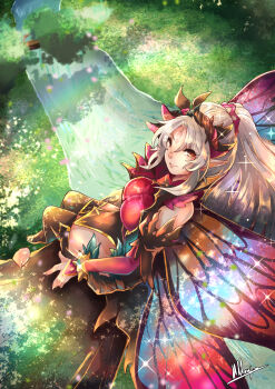 1girl absurdres bare_shoulders belt breasts butterfly_wings commission facial_mark fairy_wings fire_emblem fire_emblem_heroes forehead_mark from_above grey_hair hair_vines highres insect_wings large_breasts long_hair looking_at_viewer looking_up nintendo plant_hair plumeria_(fire_emblem) pointy_ears ponytail red_eyes solo thick_thighs thighs thorns torn_belt wings yami11