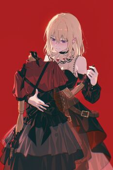 1girl bang_dream! bang_dream!_it&#039;s_mygo!!!!! black_dress blonde_hair closed_mouth clothing_cutout commentary corset doloris_(bang_dream!) dress earrings gloves hand_around_waist hashtag-only_commentary highres holding_hands jewelry mannequin medium_hair misumi_uika oblivionis_(bang_dream!) purple_eyes red_background red_shirt ribbon shirt shoulder_cutout solo togawa_sakiko tokkyu