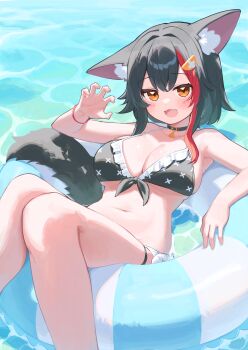 1girl :3 :d absurdres alternate_costume animal_ears bikini black_bikini black_hair breasts claw_pose cleavage commentary day deaver double-parted_bangs flipped_hair front-tie_bikini_top front-tie_top hair_between_eyes hair_ornament hairclip hand_up highres hololive innertube knees_together_feet_apart large_breasts long_hair looking_at_viewer lying multicolored_hair navel on_back on_innertube ookami_mio open_mouth outdoors print_bikini red_hair sidelocks smile solo stomach streaked_hair swim_ring swimsuit tail thigh_strap virtual_youtuber water wolf_ears wolf_girl wolf_tail yellow_eyes