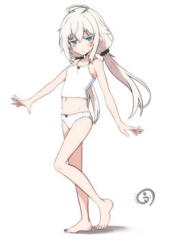 1girl ahoge barefoot blue_eyes blush camisole closed_mouth expressionless flat_chest from_side highres long_hair looking_at_viewer midriff navel original panties qualia-chan_(vuta) shadow simple_background solo thick_eyelashes tiptoes toes twintails underwear underwear_only vuta white_background white_camisole white_hair white_panties