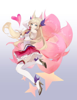1girl absurdres ahri_(league_of_legends) animal_ears asami_okutoshioku bare_shoulders blonde_hair blue_eyes breasts detached_sleeves fox_ears frilled_skirt frills from_side gradient_background hair_ornament hand_up heart high_heels highres league_of_legends long_hair looking_at_viewer multicolored_tail official_alternate_costume pink_tail red_skirt shirt skirt smile solo star_guardian_(league_of_legends) star_guardian_ahri tail thighhighs vastaya white_shirt white_thighhighs