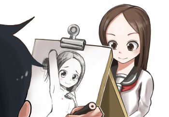 1boy 1girl armpits arms_behind_head blush breasts drawing flat_chest highres karakai_jouzu_no_takagi-san loli modeling nipples nishikata small_breasts tagme takagi-san tnt77 white_background